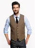 Herenvesten 2021 Bruine Wol Herringbone Bruidegom Vest Formele Bruidegom Slijtingspak voor Bruiloft Vest Plus Size