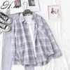 HSA Women Spring Blouses Casual Plaid Shirts Long Sleeve Turn Collar Button Up Down Loose Pink Blue Korean Chic Blouse Tops 210417