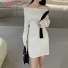 Aelegantmis Slash Neck Knitted Dress Women Patchwork Sexy Ribbed Sweater Mini Dresses Slim White Vestido De Mujer Off Shoulder 210607