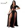 Women Off Shoulder Summer Boho Maxi Long Dress Party Beach Dresses Cutout Hole High Split Sundress Solid 2 Piece Top Dress 210709