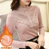 Velvet Thicker Lace Autumn Winter Women's Tops Korean Version Long-sleeved High-collar Bottoming Black Shirts 804A60 210420