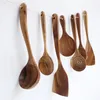 Trä porslin SPOON LADLE TURNER Lång ris Colander Soup Skimmer Cooking Scoop Kitchen Tool Set Thai Teak Natural 210423