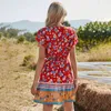 Summer Beach A-Line Drukuj Sukienka Pozycjonowanie Kierowczy Krzyż Krzywa Ruffles Sleeve Sukienka dla damska Vestidos Dress 210514