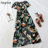 Neploe Verão Novo Vestido Coreano Slash Pescoço De Manga Curta Ruffle Split Vestidos Longos Temperamento Cintura Slim Impresso Vestidos 210423