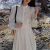 Primavera Outono Mulheres Branco Lace Manga Longa Oco Out Festa Maxi Vestido 210415