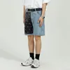 IEFB Summer Mäns Jeans Shorts Koreanska Loose Print Patchwork Design Trend Casual Denim Knee Length Pants Streetwear 210524