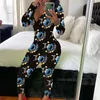 Mulheres Jumpsuits Sexy Slim Casual Cartas Cartoes Padrão Impresso V-Decote De Manga Longa Calças Senhoras Casa Pijamas Onesies Onesies