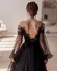 Black Long Puff Sleeves Prom Dresses Illusion O-Neck Lace Homecoming Gowns Tea-Length Tulle Evening Party Dress Bow