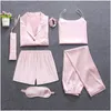 Sangle vêtements de nuit pyjamas femmes 7 pièces rose pyjamas ensembles Satin soie Lingerie Homewear ensemble Pijamas pour femme 210830