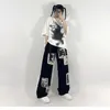 Houzhou Grunge Punk Patchwork Preto Jean Hip Hop Streetwear Imprimir Oversize Grande Perna Calças 90s Vintage Moda Calças 210809