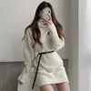 Nomikuma Höst Vinter Turtleneck Tröja Klänning Koreanska Bälte Slim Waist Sticka Klänningar Kausal Långärmad Kvinnor Vestidos 6d184 210427