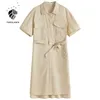 Fansilanen Casual Loose Pocket Midi Shirt Dress Kvinnor Embriodery Bälte Kortärmad Sommarkontor Oversize Elegant ES 210607