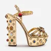 Sandals Luxury Gold Metallic Leather Chunky Heel Muti Jewel Square Heels Shoes High Platform Rhinestone Summer