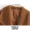 TRAF Women Fashion Faux Fur Loose Cozy Jacket Coat Vintage Långärmad Elastisk Hem Kvinna Ytterkläder Chic Teddy Overcoat 210415