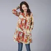 Spring Autumn Women Loose Casual Shirt Plus Size Vintage Print Cotton Linen Long Tops Ladies Stand Collar Blouses D146 210512