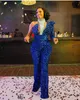 2021 Plus Size Arabisch ASO EBI Royal Blue Sparkly Prom Jumpsuits Jurken Kralen Lovertjes Shaath Avond Formal Party Second Reception Gowns ZJ395
