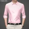 Pink Superfine Fabric Mens Sukienka Koszule Quality Slim Fit Długim Rękawem Formalna Koszula Mężczyźni Bez Iron Elastyczna Koszulka ślubna 4XL 210522