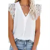 Zomer mode casual kant gestikte mouwloze tops kantoor dame forens shirt vrouwen effen kleur eenvoudige t-shirt retro blouse y0621