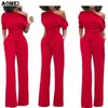 Women Jumpsuit One Shoulder With Sashes Pockets Officewear Romper Combinaison Fashion Female Jumpsuits For Elegant Lady Clothing Y19060501