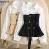 Fake Two Pieces Long Sleeve Patchwork Blouse Button Design Belt Elegant Shirts Female Asymmetric Fashion Tops Women 91700 210519