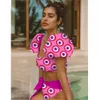 Print High Waist Bikini Set White Puff sleeve Swimwear Women Push Up Bandage Swimsuit Bathing Suit Beach Wear 210722