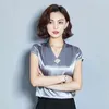 Mode coréenne soie femmes Blouses Satin col en v sans manches chemises rouges grande taille XXXL s hauts et 210427
