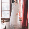 Белая сладкая вечеринка длинные колокола рукава кружева слоистые подол платье сексуальное v шеи высокой талии элегантные романтические платья vestidos 210421