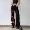 Jeans pour femmes WeiYao Snae Print Femme Taille Basse Hippie Denim Pantalon Académique Goth Streetwear Coréen Cargo Pantalon 90s
