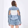 Niebieskie płaszcze Kobiet Lapel Z Długim Rękawem Denim Patchwork Wysoka Talia Hollow Out Backless Kurtki Kobiety Moda 210524