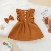 2021 New Spring 6m-5y Baby Girl 2pcs Set Corduroy Ruffled Sem Mangas Únicas Vestido Breasted + Bow Hairpin Crianças Roupas 4 Cores Q0716