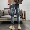 2023Korean Style Fashion Men Brodery Patch Ripped Stretch Pencil Pants Streetwear Elastic Hip Hop 210716