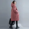 Chaqueta con capucha de invierno larga de gran tamaño Abrigo Mujer Espesar Cálido Plaid Algodón Acolchado Chaquetas y abrigos Mujer Outwear 211018