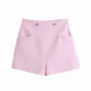 Kvinnor elegant konsistens rosa shorts sommar za fickor midja sida kvinnlig casual office lady chic shorts 210521