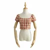 Blouse 2021 Summer Back Elastic Plaid Shirt Puff Sleeve Ultra-short Slim Women Tops Blouses Female Blusas Women's & Shirts