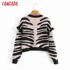 Tangada Kobiety Elegancki Lamparta Wzór Wzburzyć Cardigan Vintage Jumper Oversized Dzianiny Cardigan Płaszcz 5D22 210609