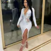 KRICESSEN SEXY WITTE BOORLING MESH PATCHWORK MIDI Jurk Vrouwen DIEPE VEK HOM SPLIT BODYCON PARTY COBLOWARE OUTFITS CASULY JURKSES