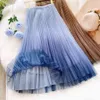 Qooth Beautiful Gradient Color Long Tulle Skirts Women Korean A-line High Waist Pleated Maxi Skirt Female School Skirt Girls 210518