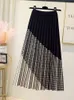 SURMIITRO Patchwork Knit Midi Long Pleated Skirt Women Autumn Winter Korean Style Mid-Length High Waist A Line Skirt Female 211120