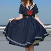 Harajuku Sailor Collar Granatowy Sukienka Japoński Lolita Słodka Bow-Knot Girl Retro Bawełna Kawaii Preppy Styl Z Krótkim Rękawem Kobiety 210623