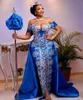 Aso Ebi sirena vestidos de noche azul con hombros descubiertos sobrefalda vestido de graduación de talla grande para mujer vestidos formales frente Split robe de soir￩e