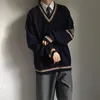 Men's sweater vintage baggy women's sweater student pullover preppy V-neck coat cardigan