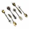 6st Vintage Spoons Fork Mini Royal Style Metal Gold Carved Coffee Fruit Dessert Kitchen Tool Teskoon Set225m