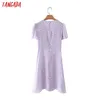 Tangada Summer Women Purple Floral Print French Style Sukienka Puff Krótki Rękaw Zipper Ladies Sundress 2m46 210609