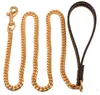 Klassisk Rostfritt Stål Hundspetsar Pet Chain Traction Rope 10mm Utomhus träning Läderhandtag