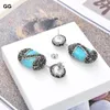 JK White Pearl Blue oval turquoise Stone Marcasite Earrings-Silver Stud