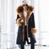 Plus Storlek Vinter Natural Raccoon Parkas Black Raccoon Fur Foder x Long Jacket Coat XXL