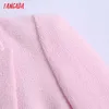 Tangada mulheres moda rosa tweed longo blazer casaco vintage dupla manga longa manga longa feminina outerwear chique tops be597 210609