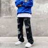 Moda tylne litery haft denim flara dżinsy męskie zamek prosty spodnie hip hop niszczyć dziury streetwear spodnie joggers 211120