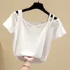 オフショルダーTシャツ女性服セクシーな夏トップス女性Tシャツティーシャツフェムミ半袖コットントップスピンク210604