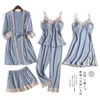 Vår- och höstkvinnans pyjamas fem bit set sexig koreansk spets hängslen isrockbadrock med bh två byxor